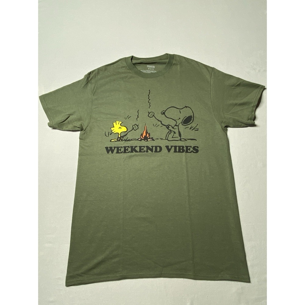 Peanuts Snoopy Woodstock Weekend Vibes Shirt Mens M Olive‎ Green Campfire